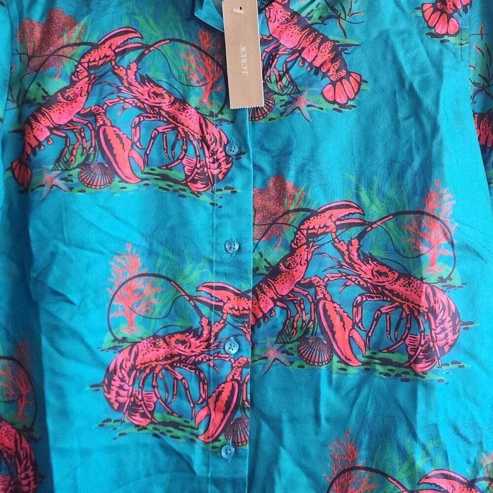 J Crew Collection Shirt Womens 6 Silk Lobster Print Button Up Reimagined Ocean - Picture 2 of 13